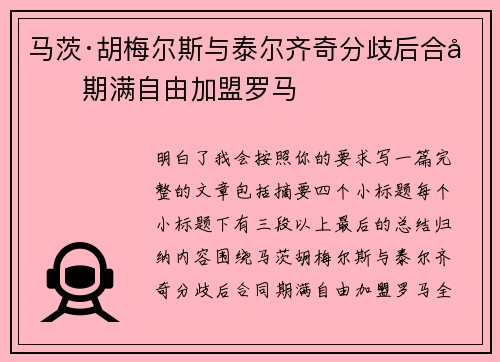 马茨·胡梅尔斯与泰尔齐奇分歧后合同期满自由加盟罗马