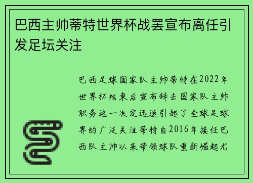巴西主帅蒂特世界杯战罢宣布离任引发足坛关注