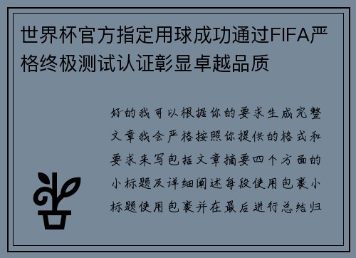 世界杯官方指定用球成功通过FIFA严格终极测试认证彰显卓越品质